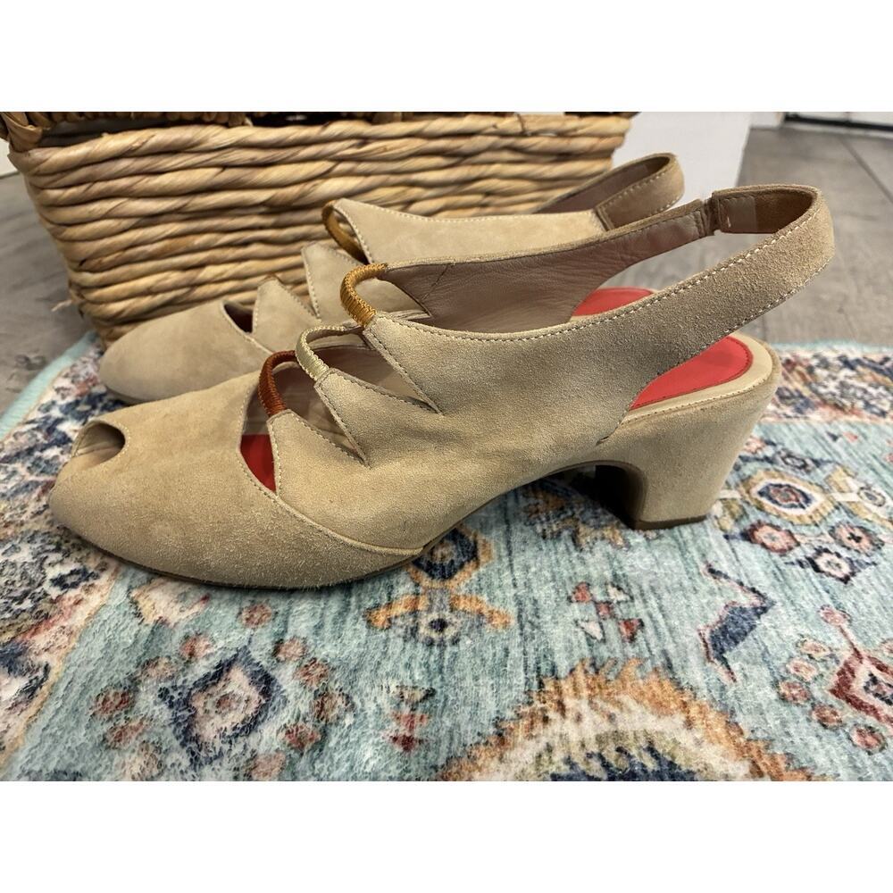 Pas de Rouge Italian Suede Peep-Toe Multi-Strap Wedge Flats, Tan/Beige - Size 39
